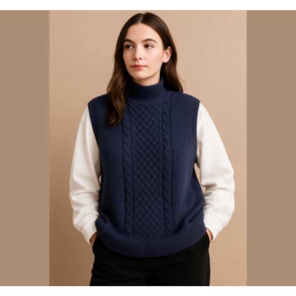 Loft Petite Cable Mixed Media Sweater cotton blue white vest shirt duo Sz LP - Picture 1 of 11